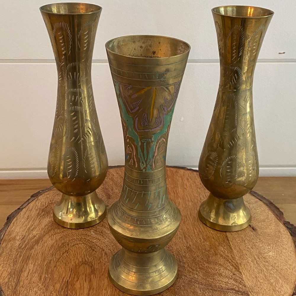 Set Of 3 8 Inch Etched Brass Vases Vintage Mid Century Modern MCM Decor